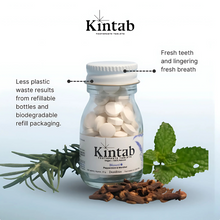 Load image into Gallery viewer, Kintab Toothtabs - 100% Natural Fluoridated Toothpaste Tablets | Sustainable, Travel-Friendly, Eco-Friendly Oral Care | Minty Fresh, TSA-Safe, Refillable Packaging