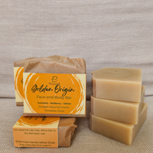 Load image into Gallery viewer, Essencea Golden Origin Face and Body Bar 115g | Turmeric Brightening Soap, Mulberry Tea Soothing Cleanser, Nourishing Tallow Moisture