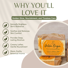Load image into Gallery viewer, Essencea Golden Origin Face and Body Bar 115g | Turmeric Brightening Soap, Mulberry Tea Soothing Cleanser, Nourishing Tallow Moisture