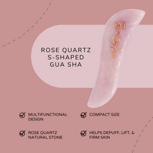 Load image into Gallery viewer, Pure Culture S-Shaped Rose Quartz Gua Sha In a Box | Chinese Rose Quartz Stone, Lifts & Depuffs Natural Face Sculptor