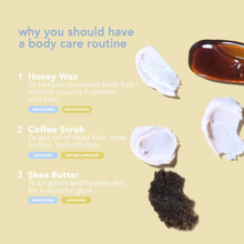 Load image into Gallery viewer, The Bare Kit Trio Body Care Set | Honey and Sugar Wax, Glow Getter Shea Butter, Wake Me Up Coffee Scrub