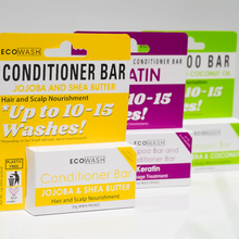Load image into Gallery viewer, Ecowash Complete Set | Keratin Shampoo and Conditioner Bar, Aloe Vera and Coconut Shampoo Bar, Jojoba and Shea Butter Conditioner Bar