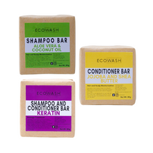 Load image into Gallery viewer, Ecowash Complete Set 80g | Keratin Shampoo and Conditioner Bar, Aloe Vera and Coconut Shampoo Bar, Jojoba and Shea Butter Conditioner Bar