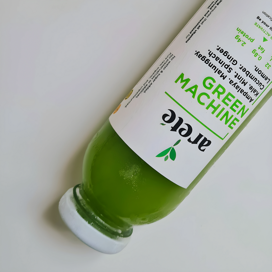 Areté Green Machine Cold Pressed Juice 350ml | Ampalaya, Malunggay, Kale, Mint Leaves, Spinach, Cucumber, Ginger, Lemon
