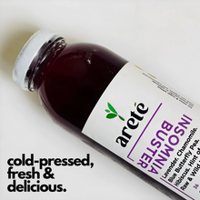 Load image into Gallery viewer, Areté Insomnia Buster Cold Pressed Juice 350ml | Lavender, Chamomile, Blue Butterfly Pea, Hibiscus, Hint of Cherry, Hint of Raw &amp; Wild Honey, Naturally Alkaline Spring Water
