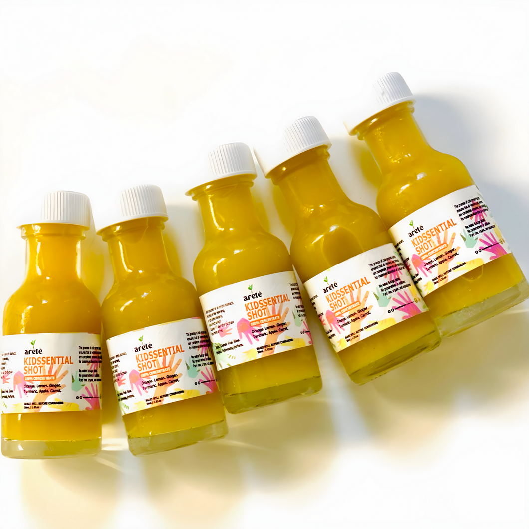 Areté Kidssential Shot 100% Concentrate 30ml | Orange, Lemon, Ginger, Turmeric, Apple, Carrot