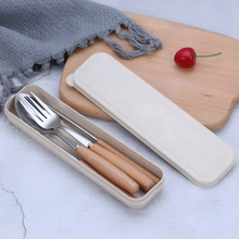 Load image into Gallery viewer, Cutlery Set with Wooden Handle in Wheat Box – Spoon, Fork, Chopsticks by Project Refill
