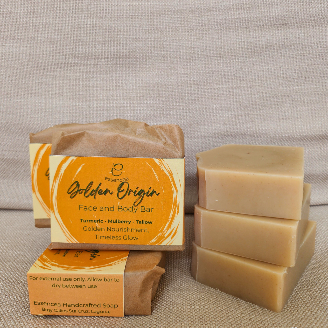 Essencea Golden Origin Face and Body Bar 115g | Turmeric Brightening Soap, Mulberry Tea Soothing Cleanser, Nourishing Tallow Moisture