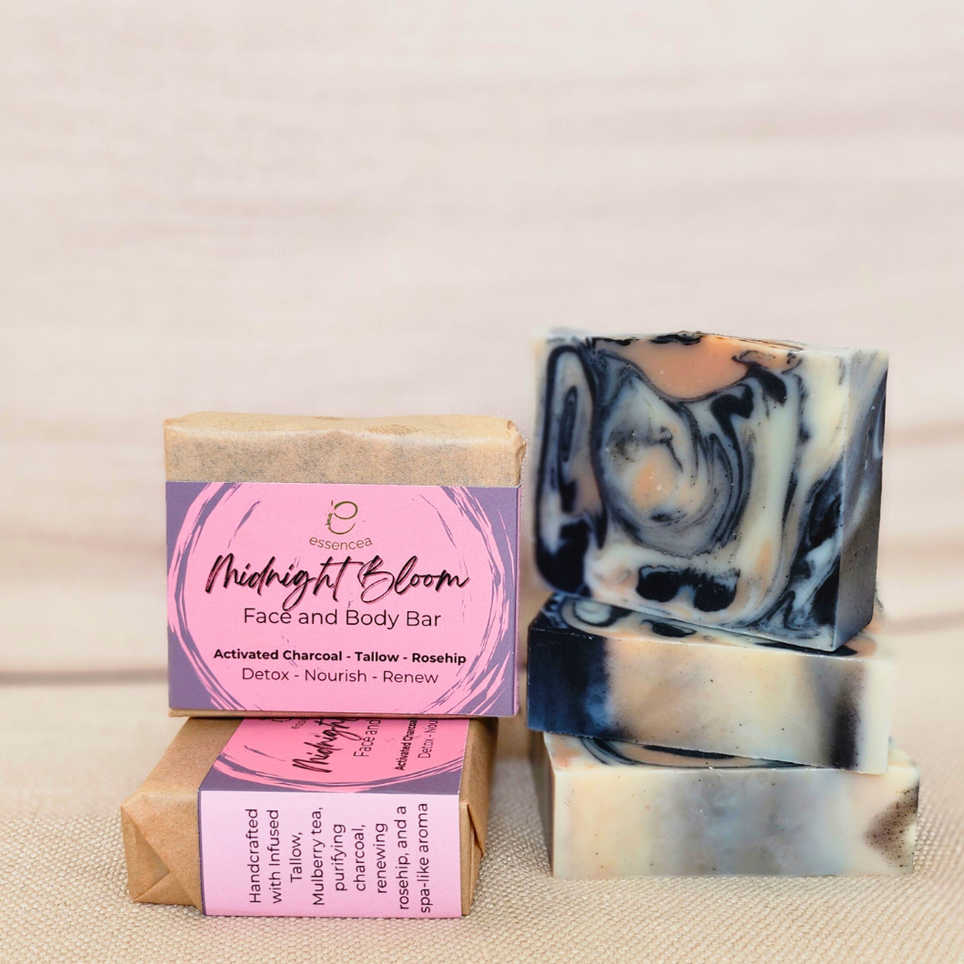 Essencea Midnight Bloom Face and Body Bar 115g | Activated Charcoal, Tallow & Rosehip Soap for Detox and Nourishment