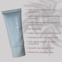 Load image into Gallery viewer, Hazel &amp; Co. Moisturizing Sunscreen SPF 50 UVA/UVB Protection 50g | With Niacinamide, Hyaluronic Acid, Hydrating, Brightening, Anti-Aging
