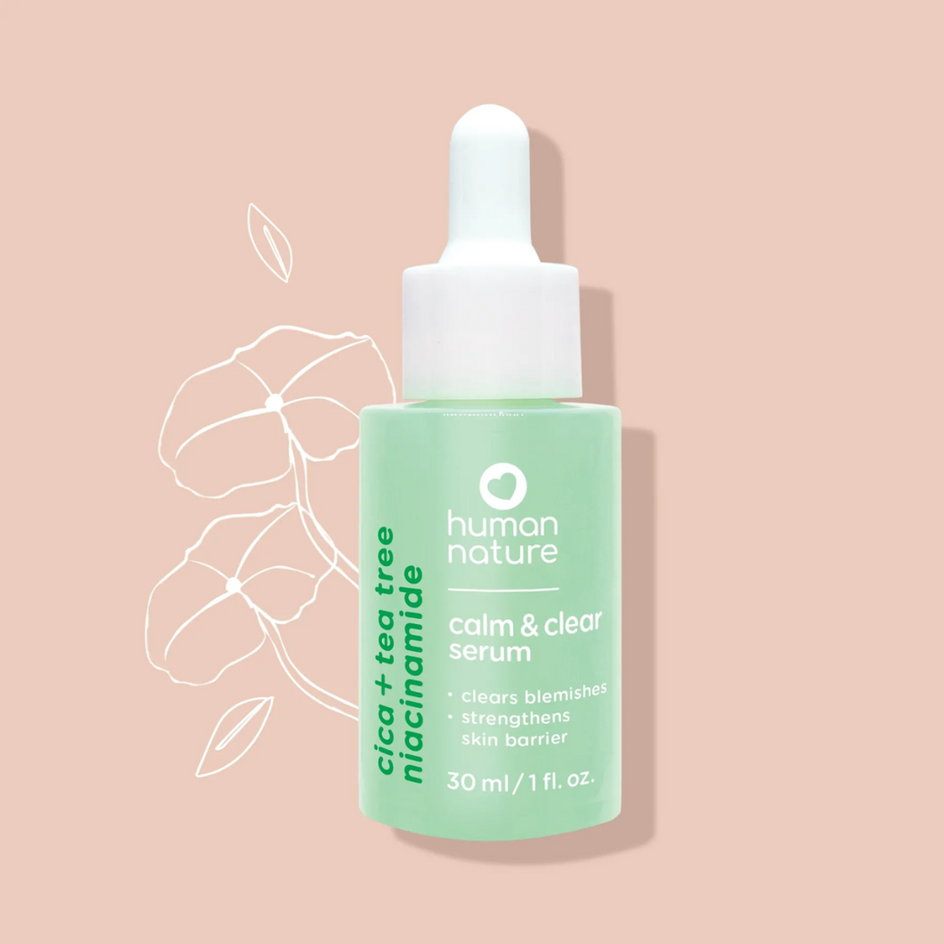 Human Nature Calm and Clear Serum 30ml | Cica + Tea Tree + Niacinamide to Clear Blemishes and Strengthens Skin Barrier