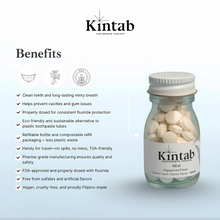 Load image into Gallery viewer, Kintab Toothtabs - 100% Natural Fluoridated Toothpaste Tablets | Sustainable, Travel-Friendly, Eco-Friendly Oral Care | Minty Fresh, TSA-Safe, Refillable Packaging

