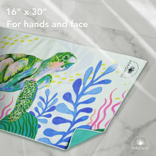 Load image into Gallery viewer, MAGWAI Hand Towel Pawikan (Sea Turtle) Design | Absorbent, Quick-Drying, Multipurpose, Eco-Friendly, Made from Recycled Plastic Bottles, Travel-Friendly, Sustainable
