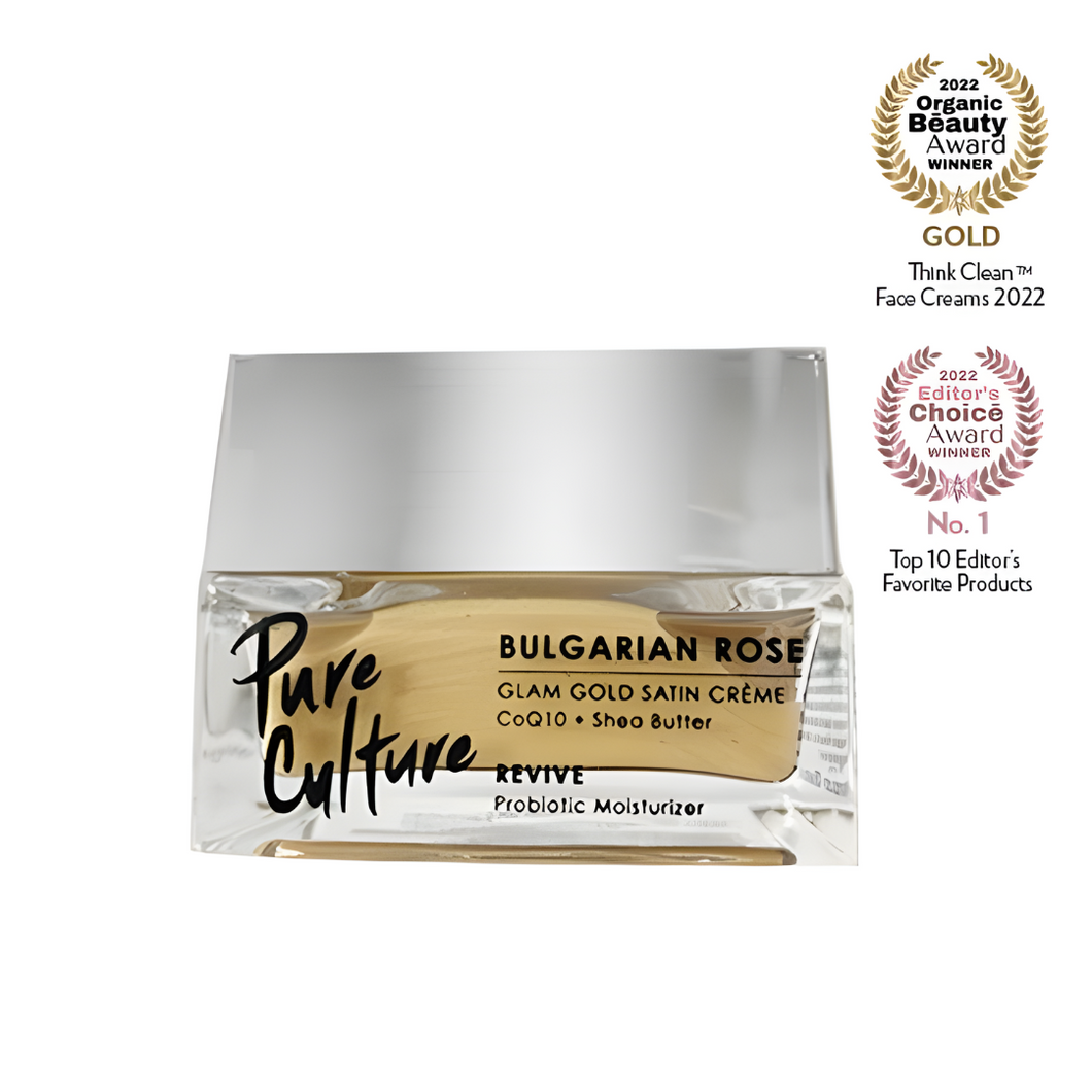 Pure Culture Bulgarian Rose Glam Gold Satin Creme 50g | CoQ10 + Shea Butter, Revive Probiotic Moisturizer