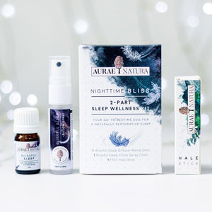 Aurae Natura Nighttime Bliss 2-Part Sleep Wellness Kit Blissful Sleep Essential Oil Blend + Pillow Spray + Aromatherapy Inhaler Bundle